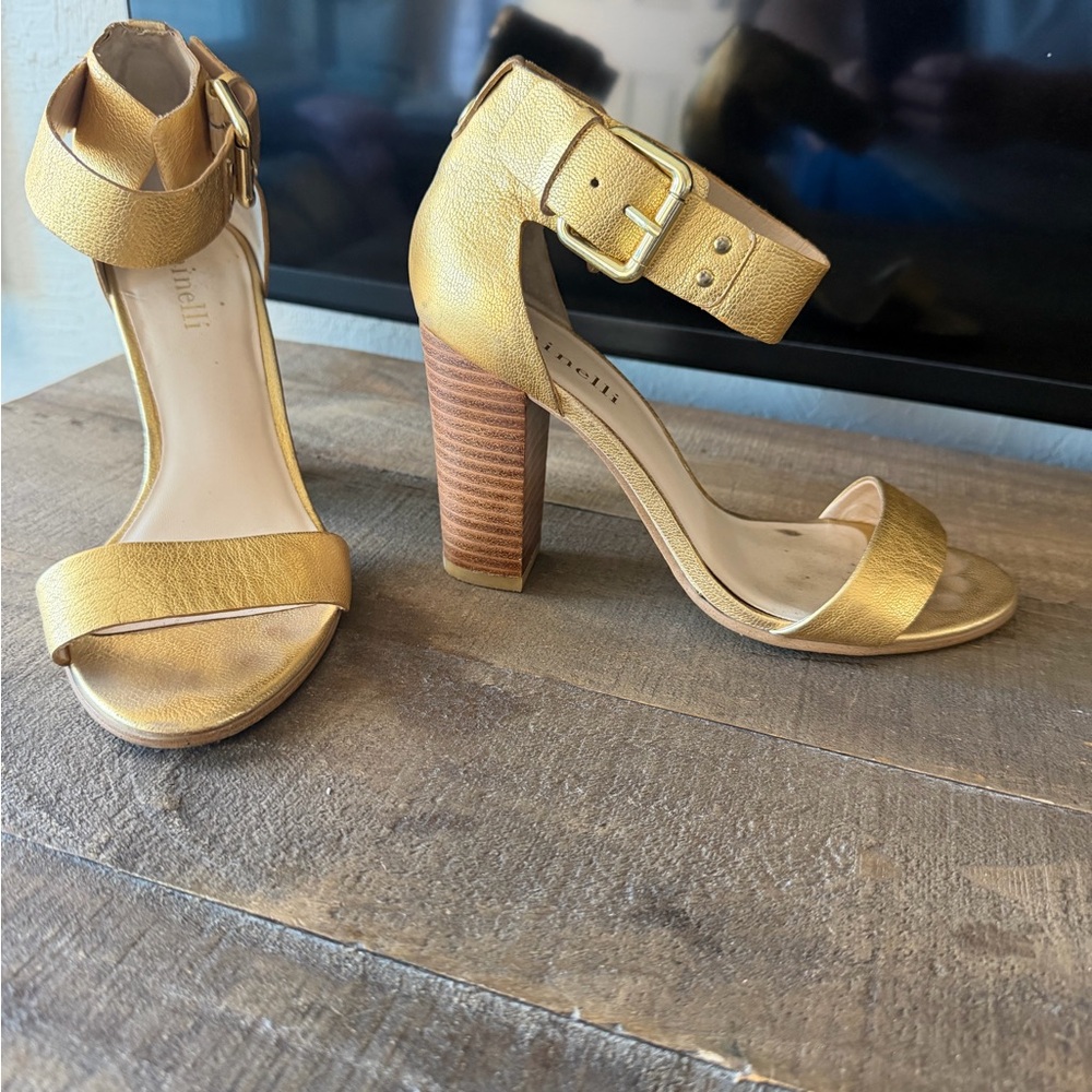 Minelli Gold Leather Ankle Strap Heels